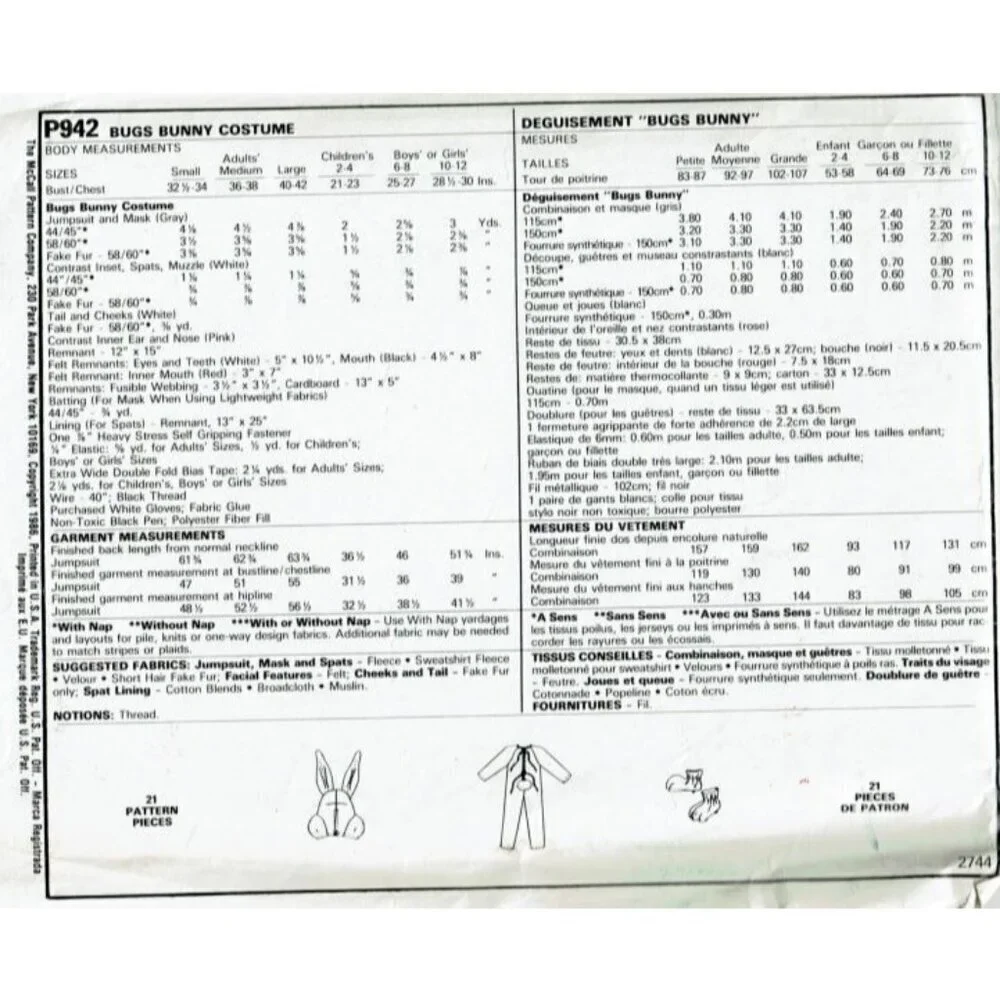 McCalls Sewing Pattern P942 2744 Costumes Bugs Bunny Toddler Size 2-4 PARTIAL CU